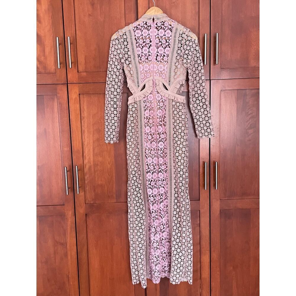 Self Portrait Payne Dress Maxi Floral Lace Cutout Long Sleeve Tan Pink Size 0 - Picture 9 of 13